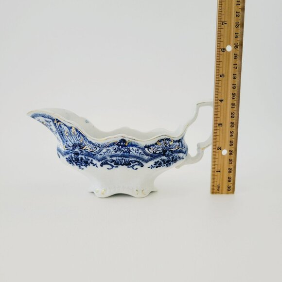 J&G Meakin York Flow Blue Gravy Boat, Embossed, Gold Accents, Floral Swags - Picture 10 of 13